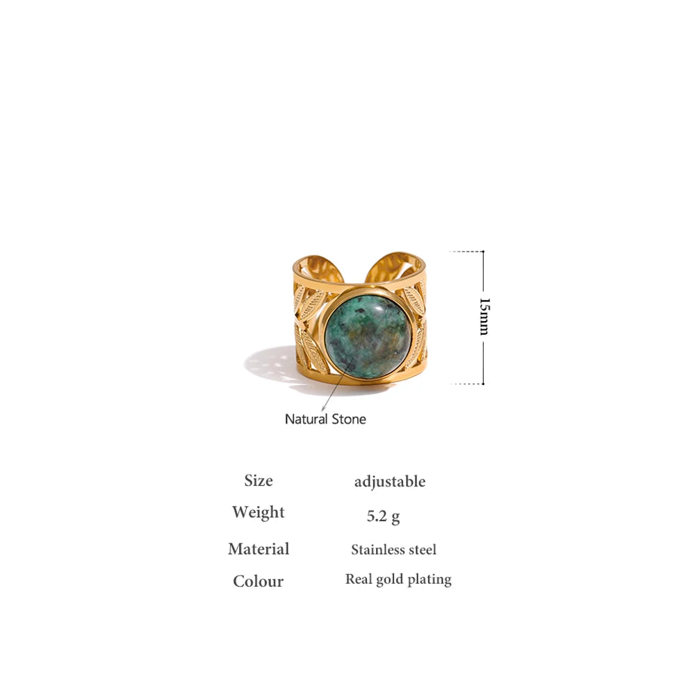 Yhpup Stainless Steel Green Natural Turquoise Opening Ring Statement Golden 18 K Plated Ring bague acier inoxydable Gift New