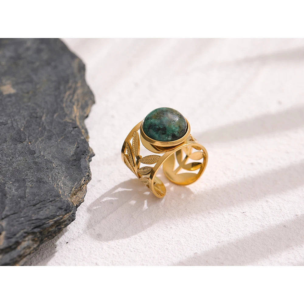 Yhpup Stainless Steel Green Natural Turquoise Opening Ring Statement Golden 18 K Plated Ring bague acier inoxydable Gift New