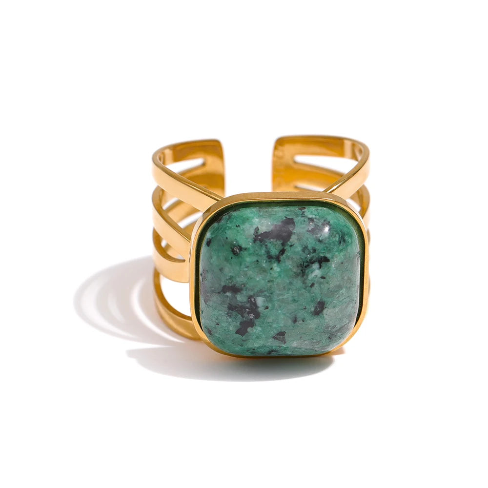 Yhpup Stainless Steel Green Natural Turquoise Opening Ring Statement Golden 18 K Plated Ring bague acier inoxydable Gift New