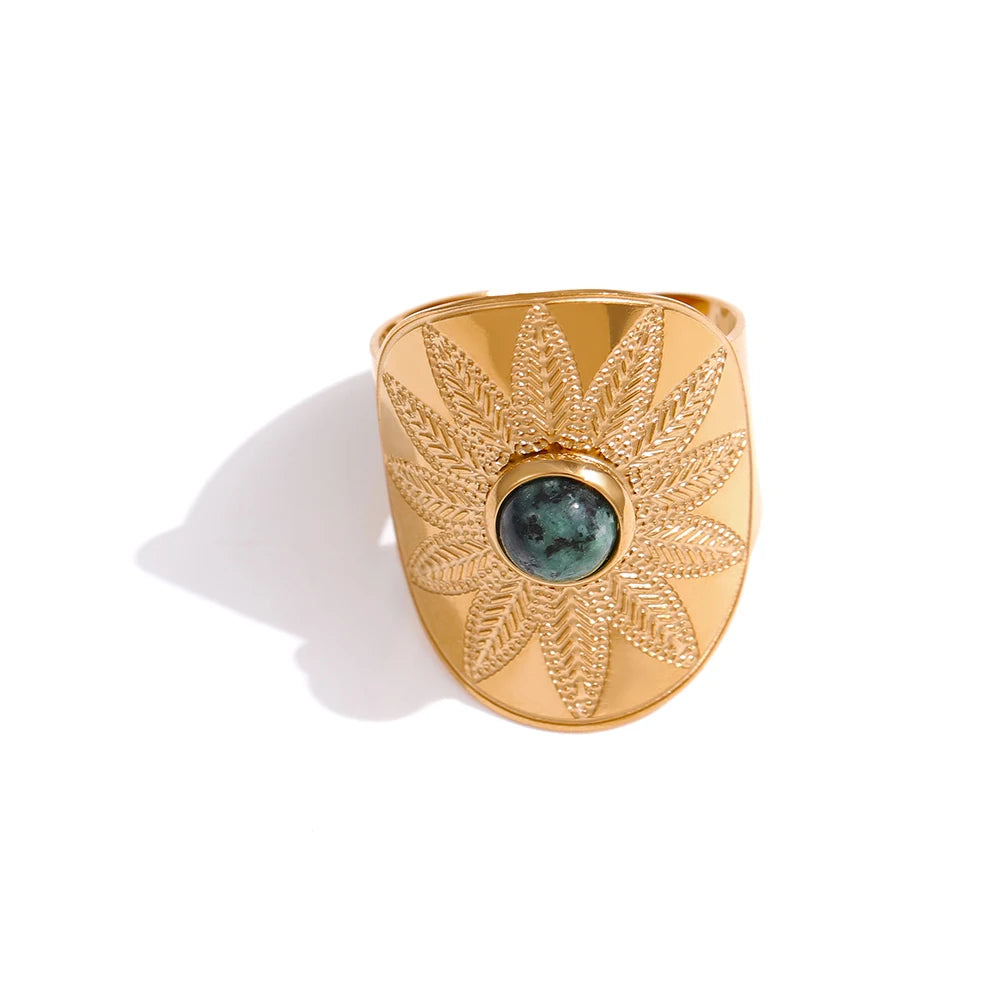 Yhpup Stainless Steel Green Natural Turquoise Opening Ring Statement Golden 18 K Plated Ring bague acier inoxydable Gift New