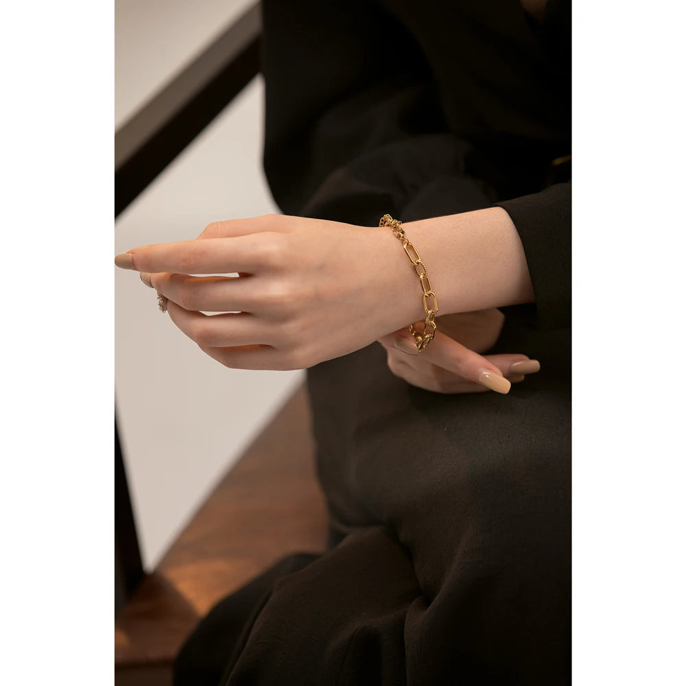 Yhpup New Stainless Steel Golden Bracelet Jewelry Charm Metal Texture 14 K Plated Geometric Wrist for Women Bijoux Accessories