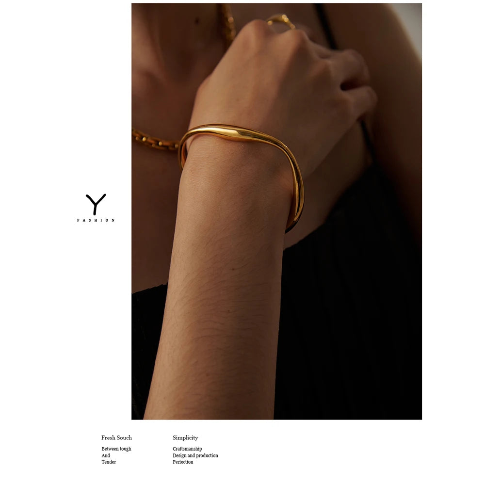 Yhpup Opening 316 Stainless Steel Wrist Bracelet Bangle Gold Color Minimalist Texture Statement Brand Jewelry for Women Party