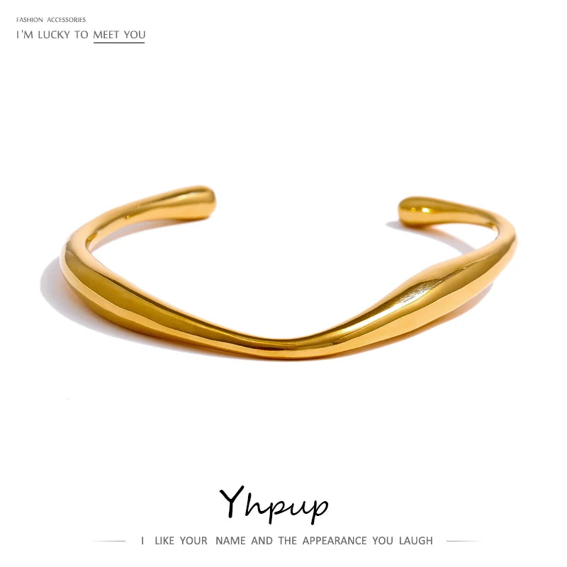 Yhpup Opening 316 Stainless Steel Wrist Bracelet Bangle Gold Color Minimalist Texture Statement Brand Jewelry for Women Party