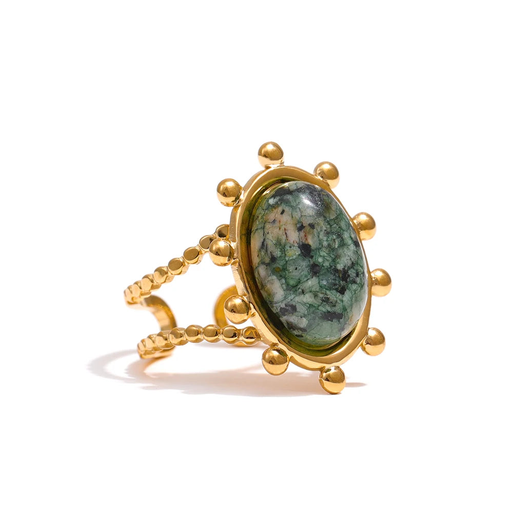 Yhpup Stainless Steel Green Natural Turquoise Opening Ring Statement Golden 18 K Plated Ring bague acier inoxydable Gift New