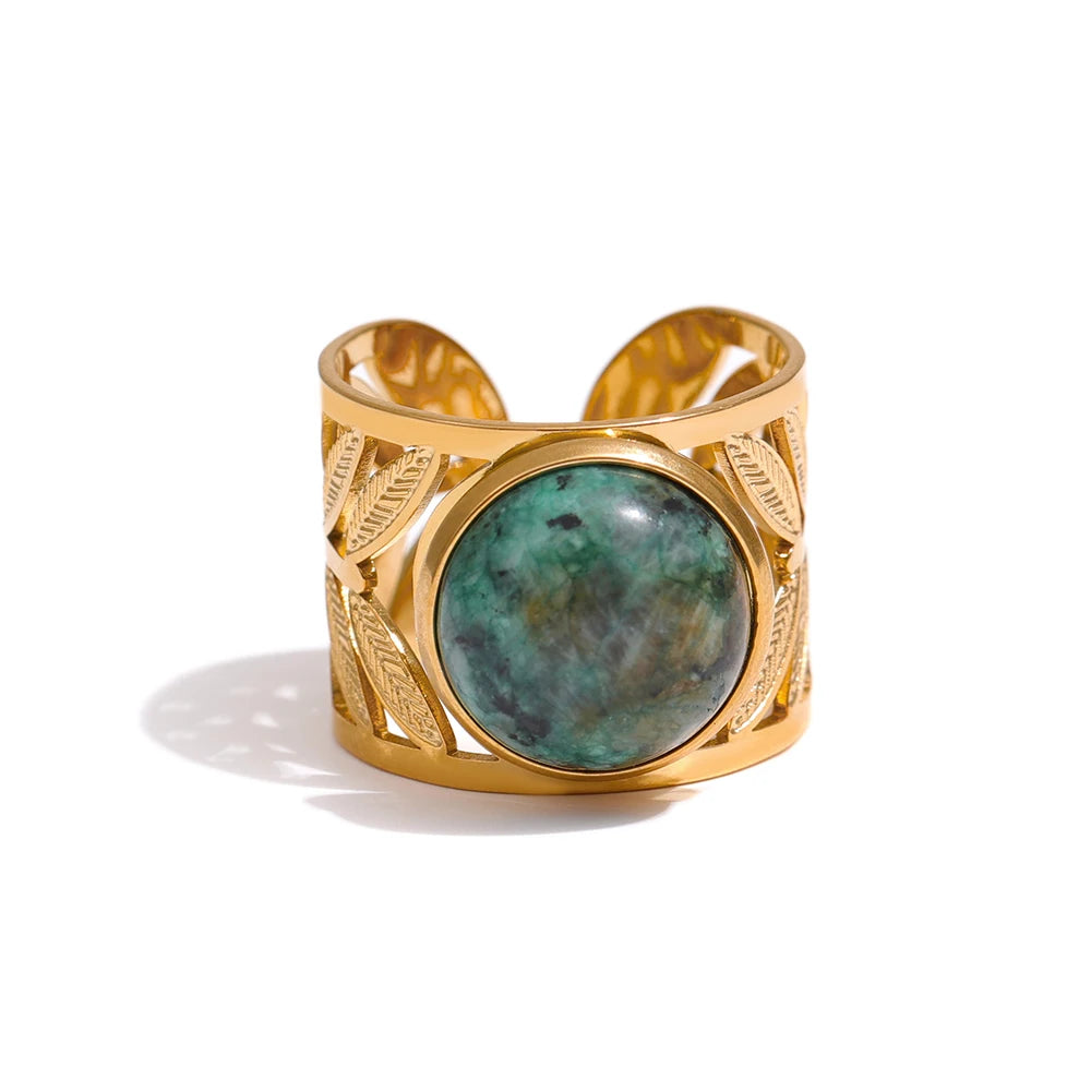 Yhpup Stainless Steel Green Natural Turquoise Opening Ring Statement Golden 18 K Plated Ring bague acier inoxydable Gift New
