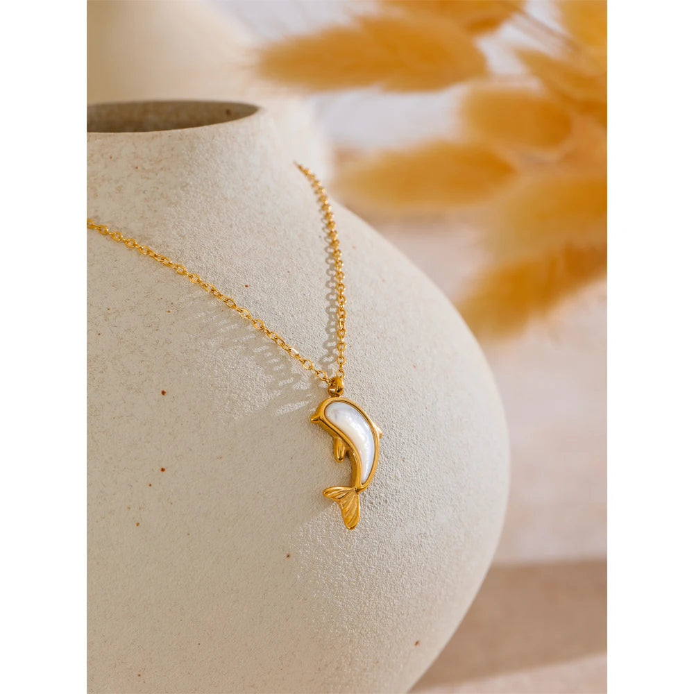 Yhpup Fashion Stainless Steel Natural Shell Dolphin Pendant Necklace Exquisite Classic Element Jewelry Gift