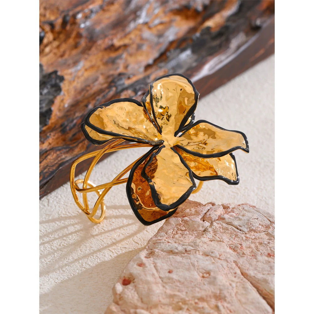 Yhpup Exclusive Stainless Steel 18K Gold Plated Fashion Large Flower Exaggerated Open Bracelet Bangle Personalized Jewelry Gift