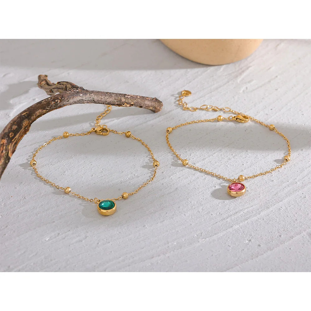 Yhpup Stainless Steel Gold Color Stylish Anklet for Women Exquisite Pink Green Cubic Zirconia Chain Waterproof Summer Jewelry