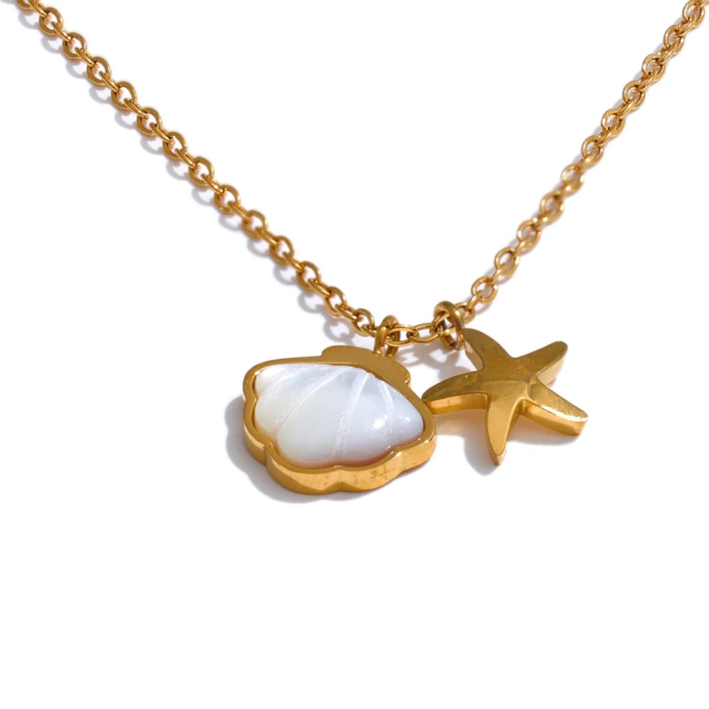 Yhpup Stainless Steel Thicker Natural Shell Starfish Pendant Necklace Delicate Fashion Stain Less Metal Collar Jewelry Gift