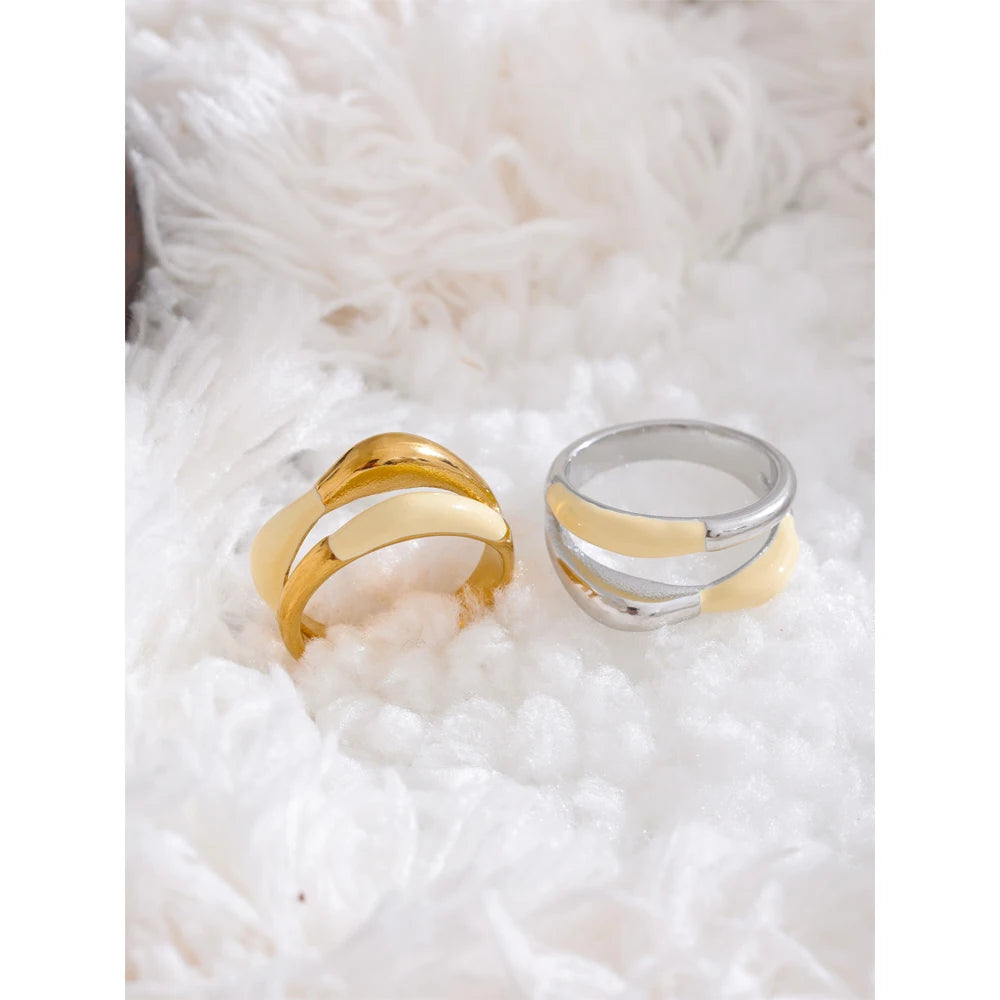 Yhpup Stainless Steel Exquisite Ring Beige Enamel Fashion 18k Gold Platinum PVD Plated Daily Finger Jewelry Bijoux for Women