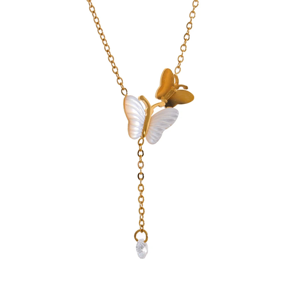Yhpup Natural Thick Shell Fashion Chic Necklace Butterfly Pendant Korean Jewelry Real Gold PVD Plated for Women Exquisite Gift