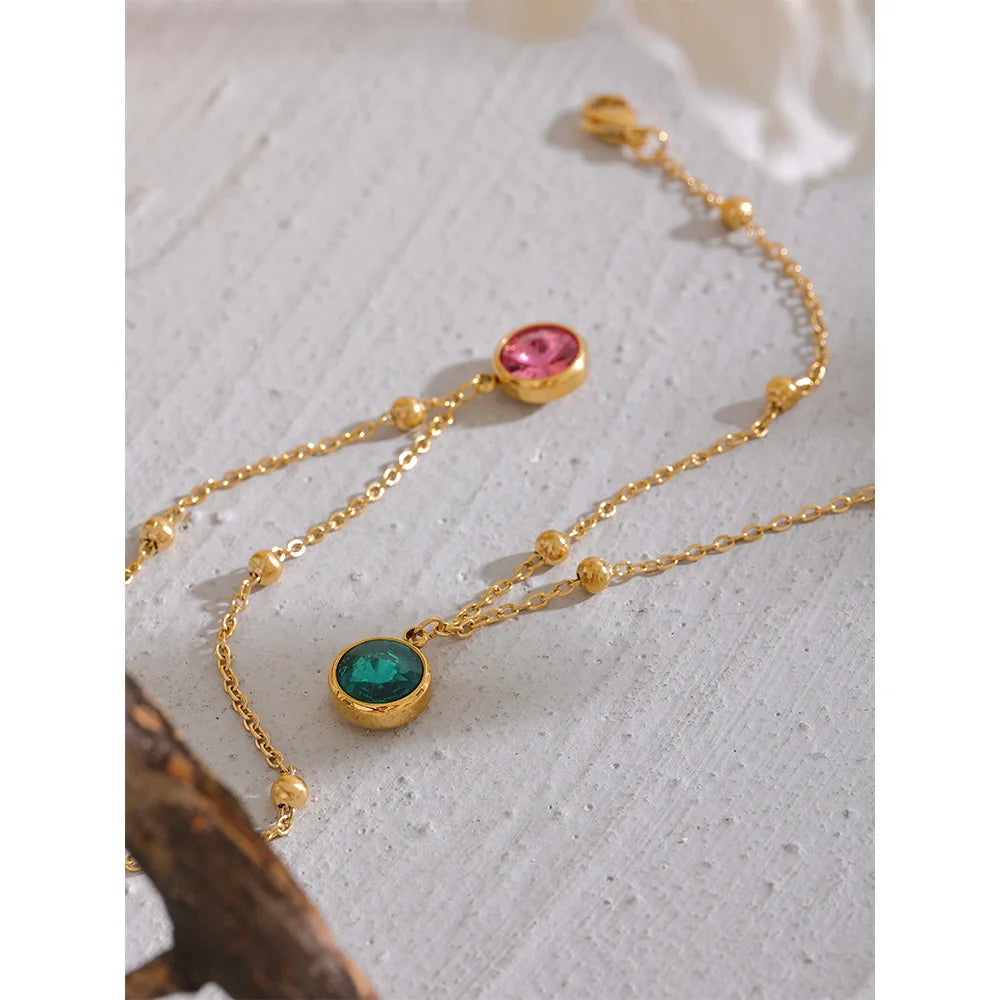 Yhpup Stainless Steel Gold Color Stylish Anklet for Women Exquisite Pink Green Cubic Zirconia Chain Waterproof Summer Jewelry