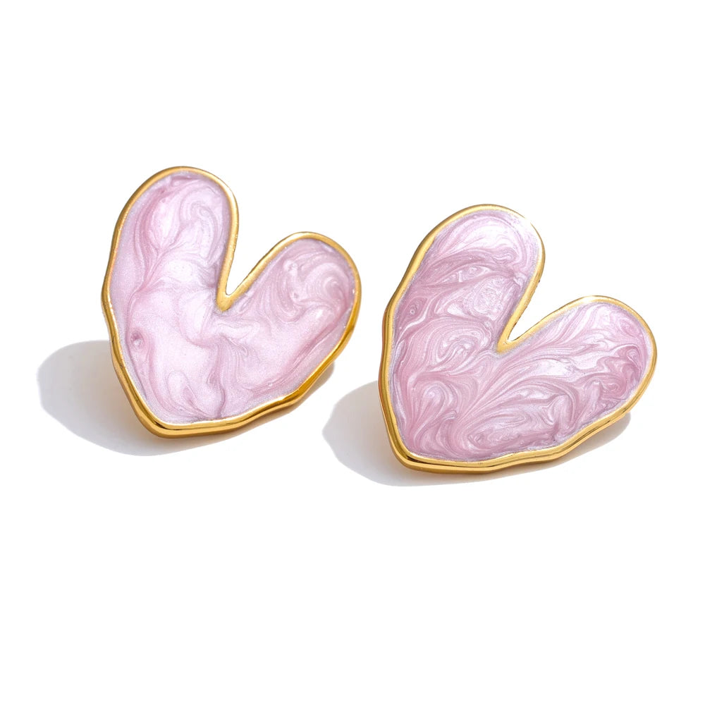 Yhpup Sweet Enamel 3-colors Heart Spring Summer Love Stud Earrings Waterproof Stainless Steel Fashion Y2K Daily Jewelry 2024