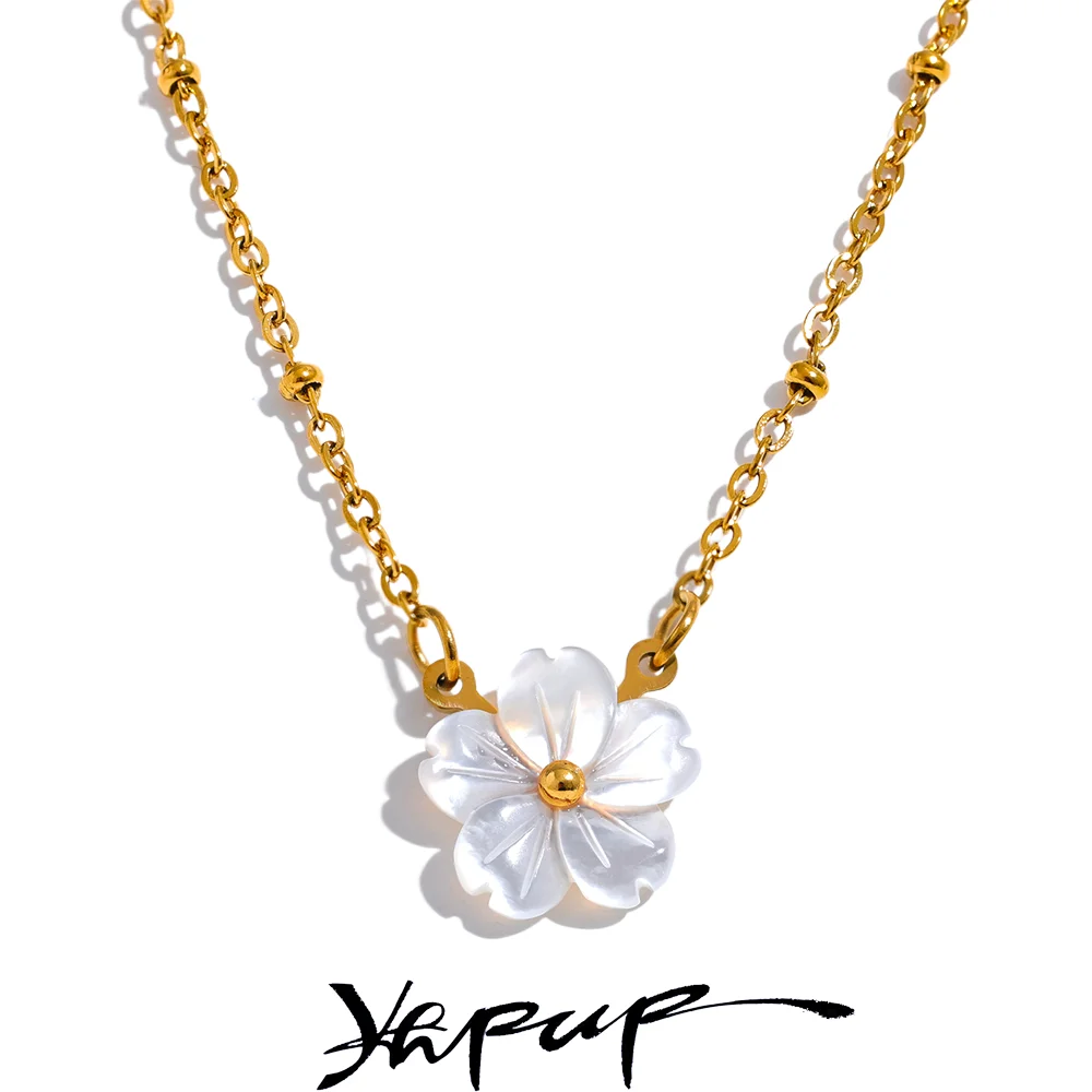 Yhpup Chic Fashion Natural Shell Flower Pendant Necklace Gift Stainless Steel Exquisite Chain Gold Color Premium Jewelry Bijoux