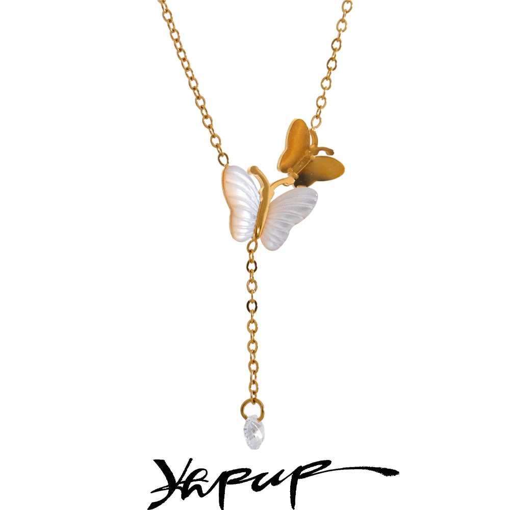 Yhpup Natural Thick Shell Fashion Chic Necklace Butterfly Pendant Korean Jewelry Real Gold PVD Plated for Women Exquisite Gift