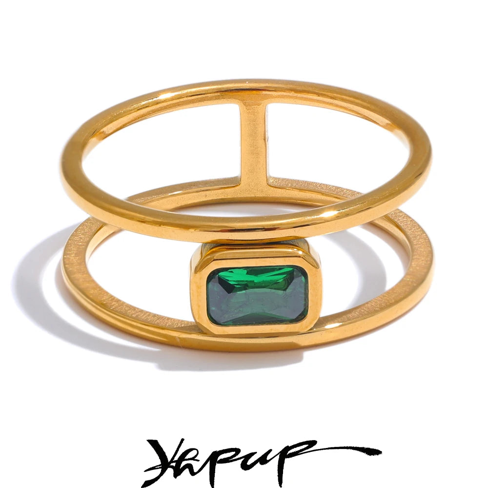 Yhpup Stainless Steel Double Layer Hollow Green Cubic Zirconia Fashion Ring Exquisite Rust Proof 18K Gold Color Finger Jewelry