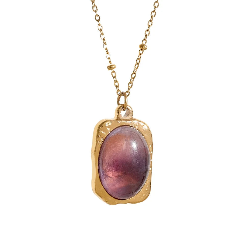 Yhpup Natural Stone Square Pendant Stainless Steel Necklace Amethyst Green Aventurine Charm Fashion Collar Jewelry Women