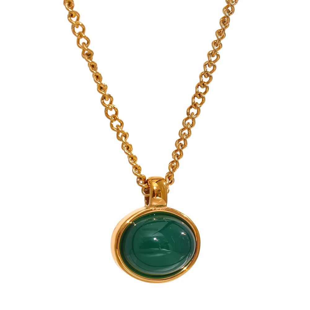 Yhpup Green Agate Tiger Stone Pendant Necklace for Women 316L Stainless Steel Gold Color Chain Collar Fashion Charm Jewelry