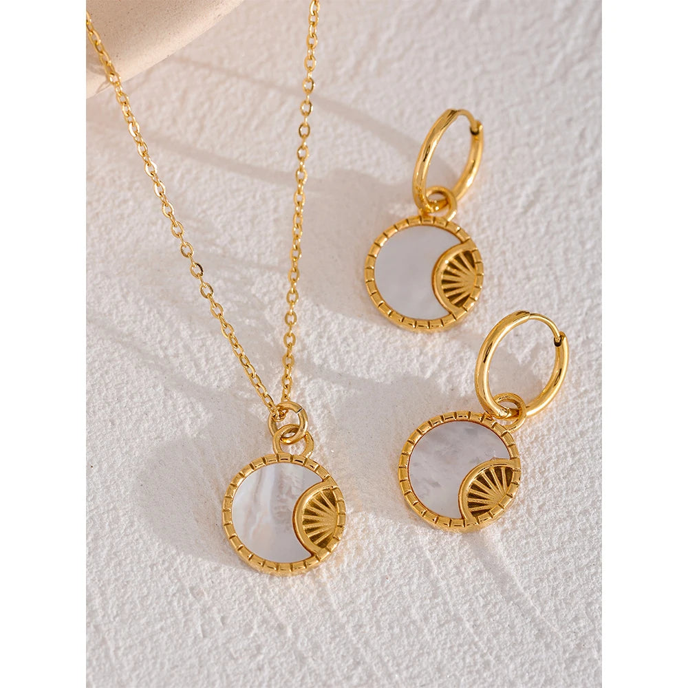 Yhpup Charm Natural Shell Star Moon Round Pendant Drop Stainless Steel Necklace Earrings Jewelry Set for Women Accessories