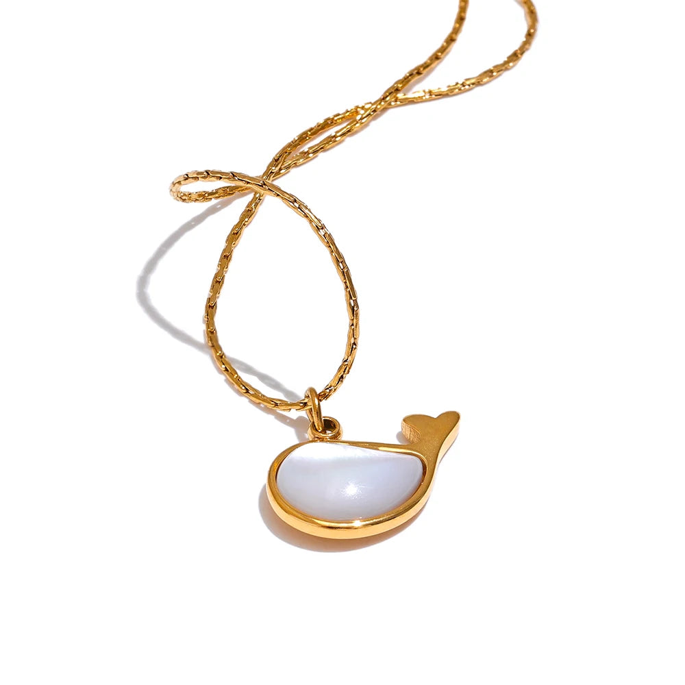 Yhpup Chic High Quality Natural Shell Whale Pendant Necklace Water Resistant Golden Stainless Steel Summer Daily Jewelry New