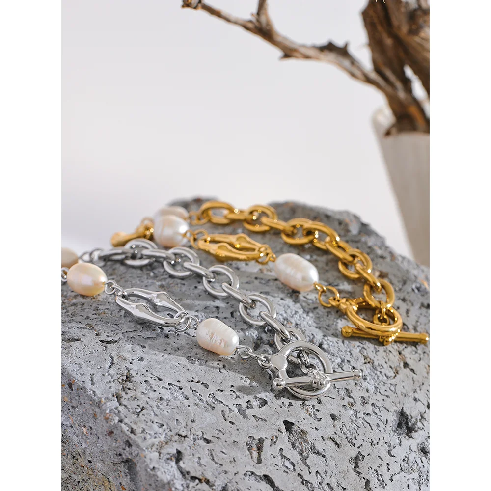 Yhpup 316l Stainless Steel Natural Pearl Chain Toggle-Clasps Bracelet Bangle for Women Elegant Fashion Jewelry Bijoux Waterproof