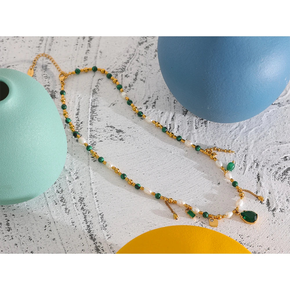 Yhpup Luxury Bling Green Cubic Zirconia Pendant Natural Pearl Stone Chain Necklace Fashion Stainless Steel Handmade Jewelry