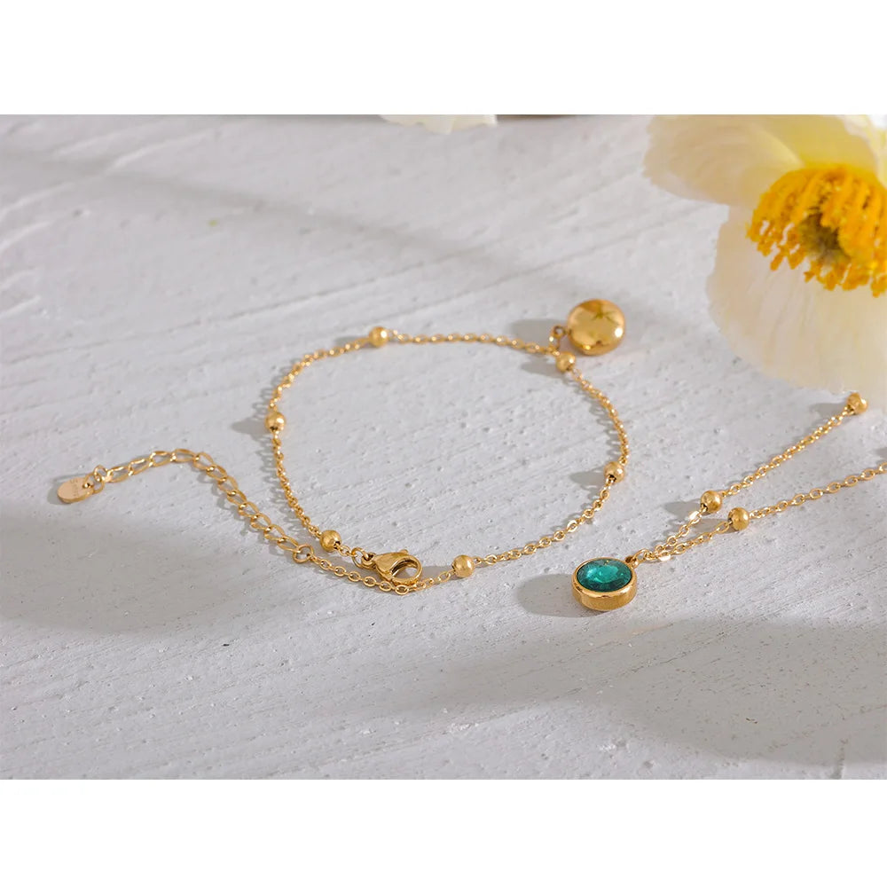 Yhpup Stainless Steel Gold Color Stylish Anklet for Women Exquisite Pink Green Cubic Zirconia Chain Waterproof Summer Jewelry
