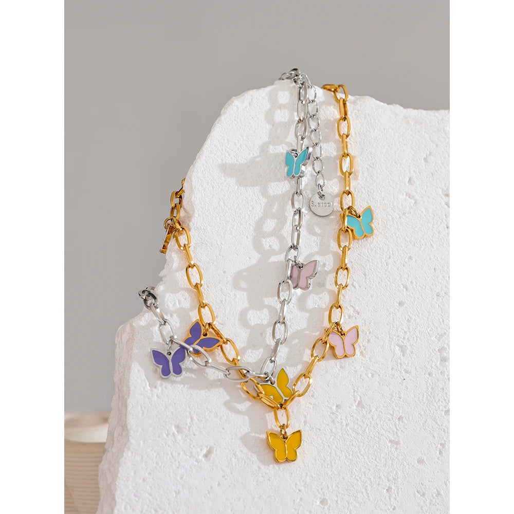 Yhpup 2024 Summer Stainless Steel Enamel Butterfly Drop Chain Anklet for Women Waterproof 18K PVD Plated Fashion Jewelry