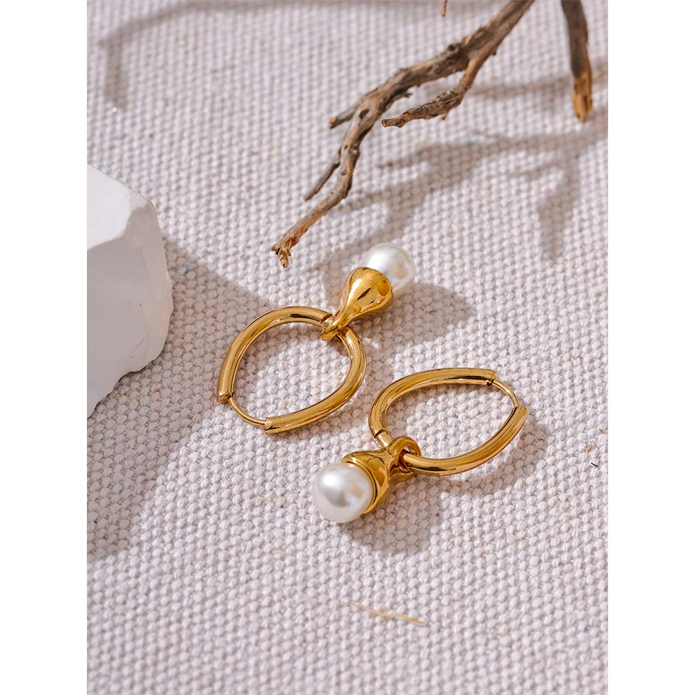 Yhpup Removable Stainless Steel Geometric Imitation Pearls Drop Hoop Earrings Gold Color Fashion Elegant Daily Jewelry for Women