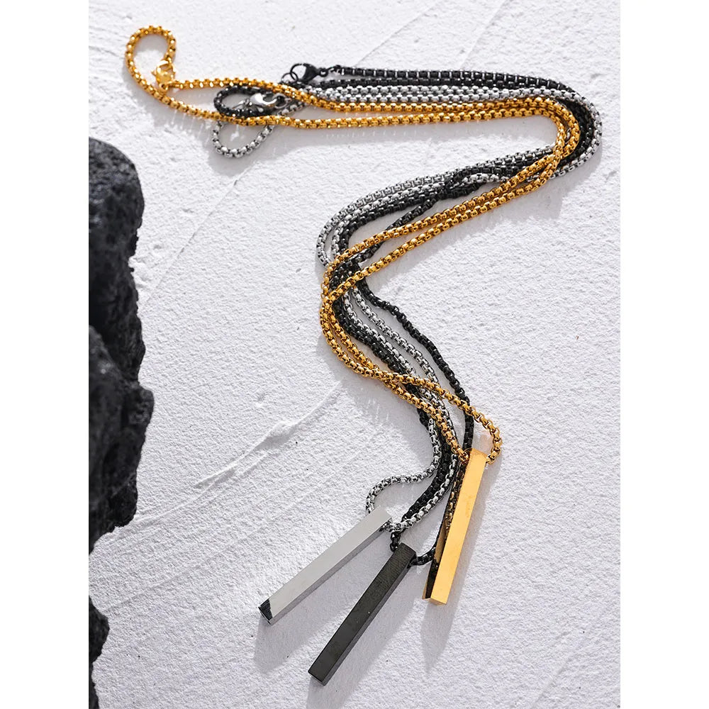 Yhpup Gold Silver Black Color Stainless Steel Long Square Men Pendant Necklace Waterproof Daily Minimalist Punk Classic Jewelry