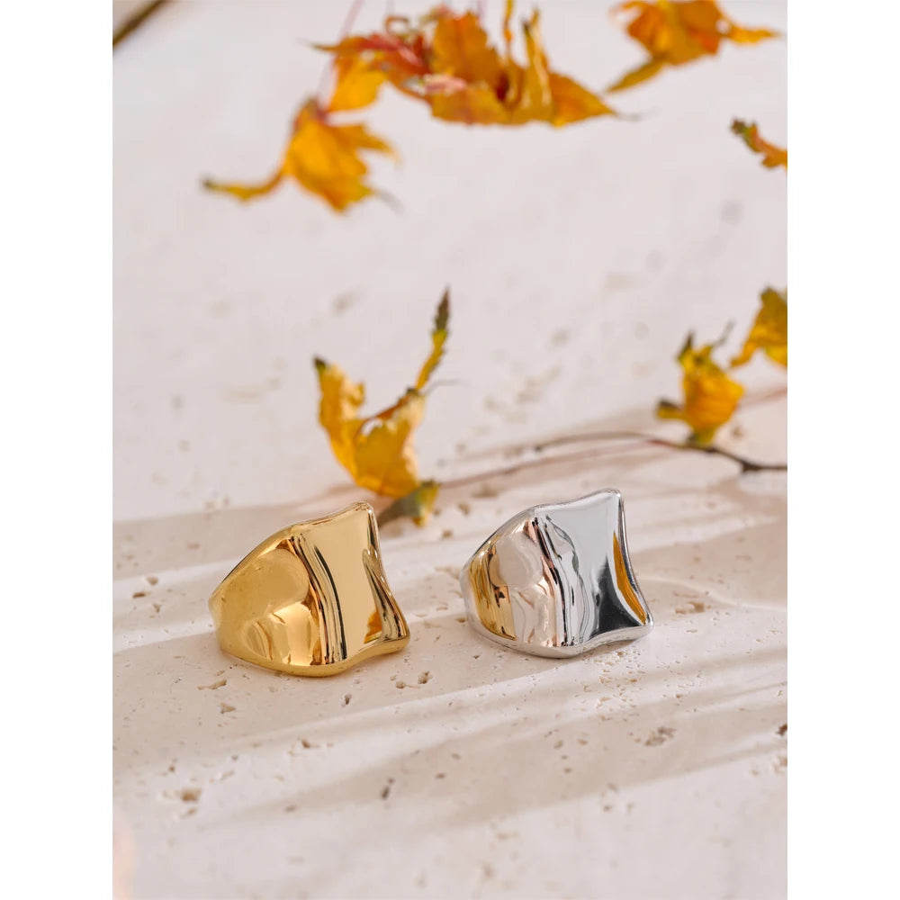 Yhpup Distinctive Glossy Stainless Steel Metal Polished Cast Ring Hypoallergenic Texture Geometric Minimalist Jewelry Gift