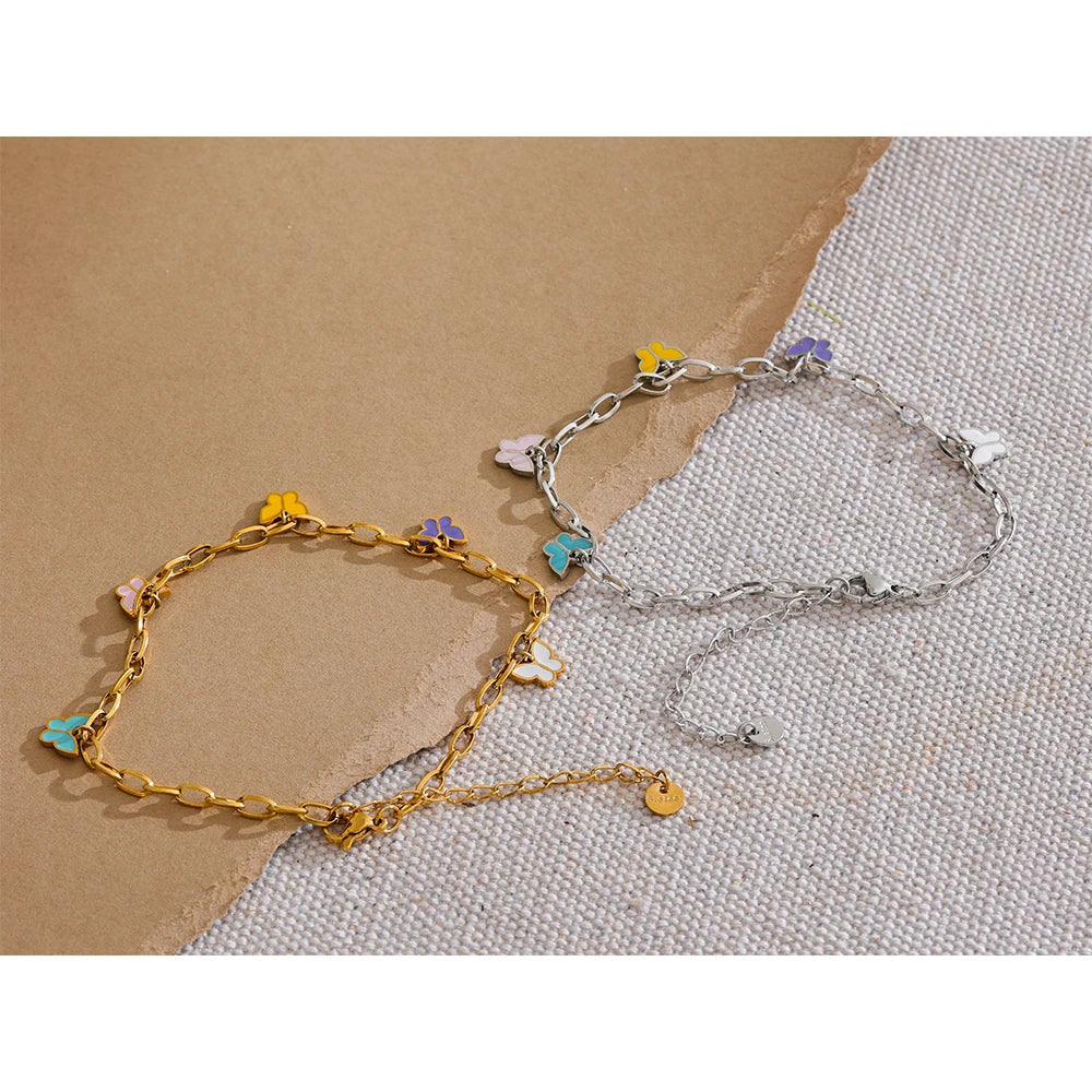 Yhpup 2024 Summer Stainless Steel Enamel Butterfly Drop Chain Anklet for Women Waterproof 18K PVD Plated Fashion Jewelry