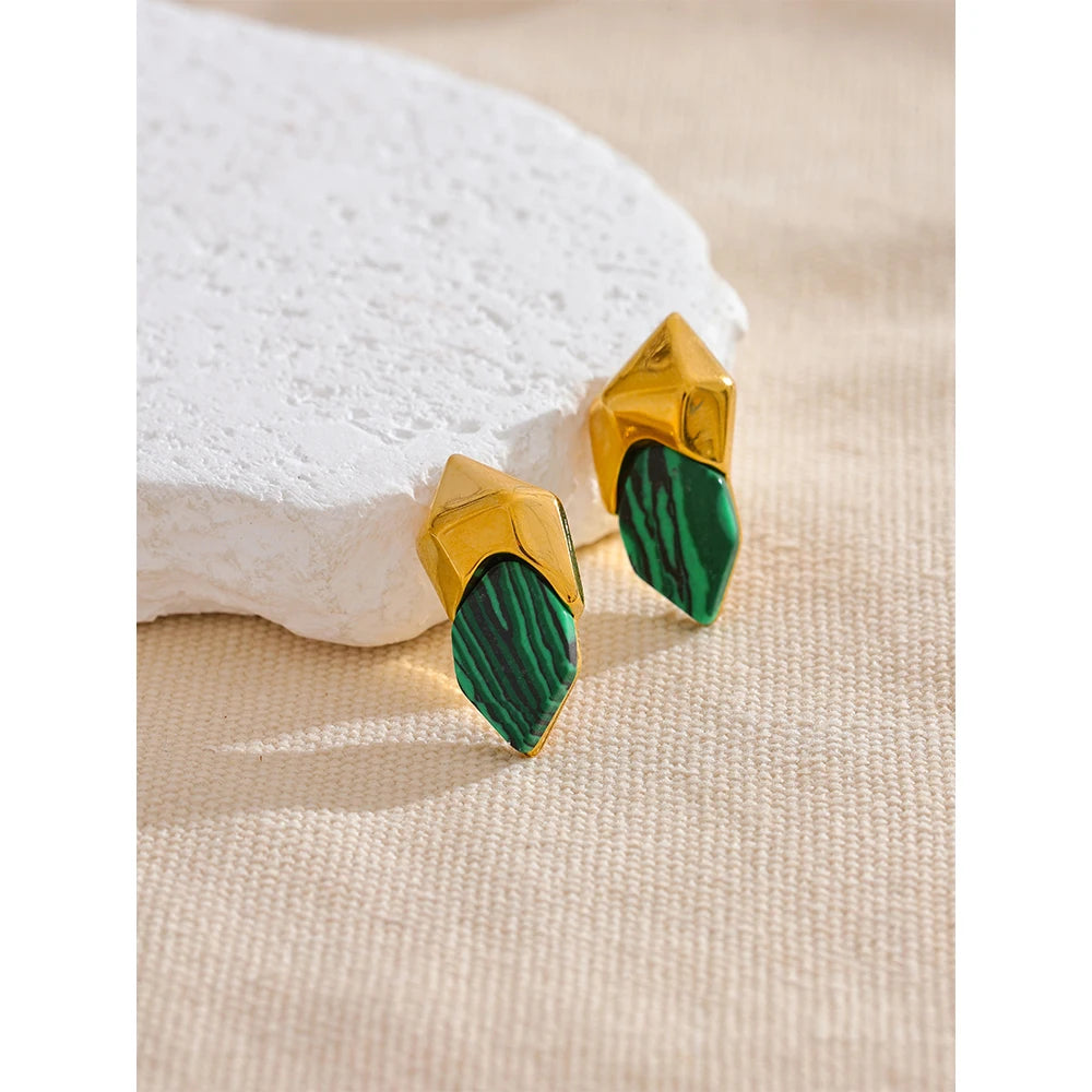 Yhpup 316L Stainless Steel Malachite Stone Geometric Green Stud Earrings High Quality Golden Fashion Jewelry Accessories Gift