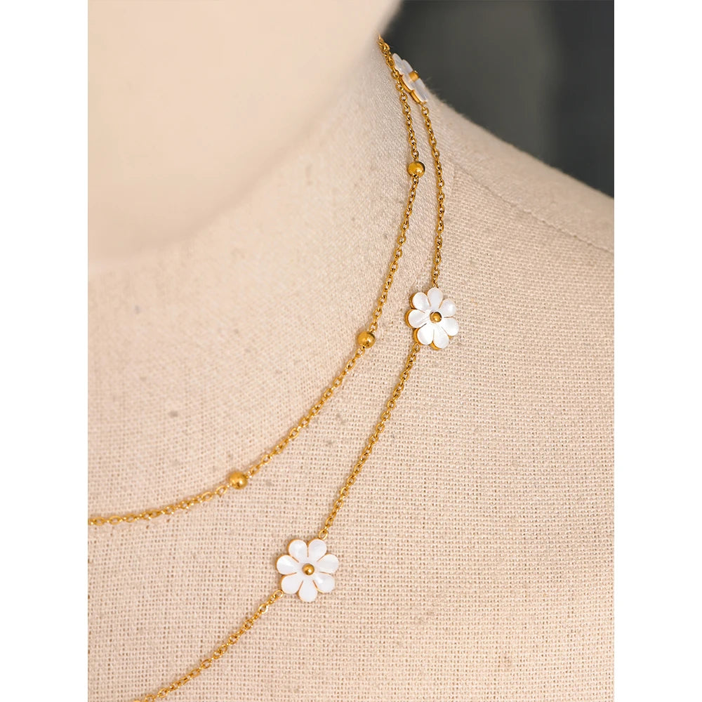 Yhpup Summer Imitation Shell Flower Double Layer Chain Necklace Anklet for Women Trendy Plant Charm Jewelry Bijoux Gift