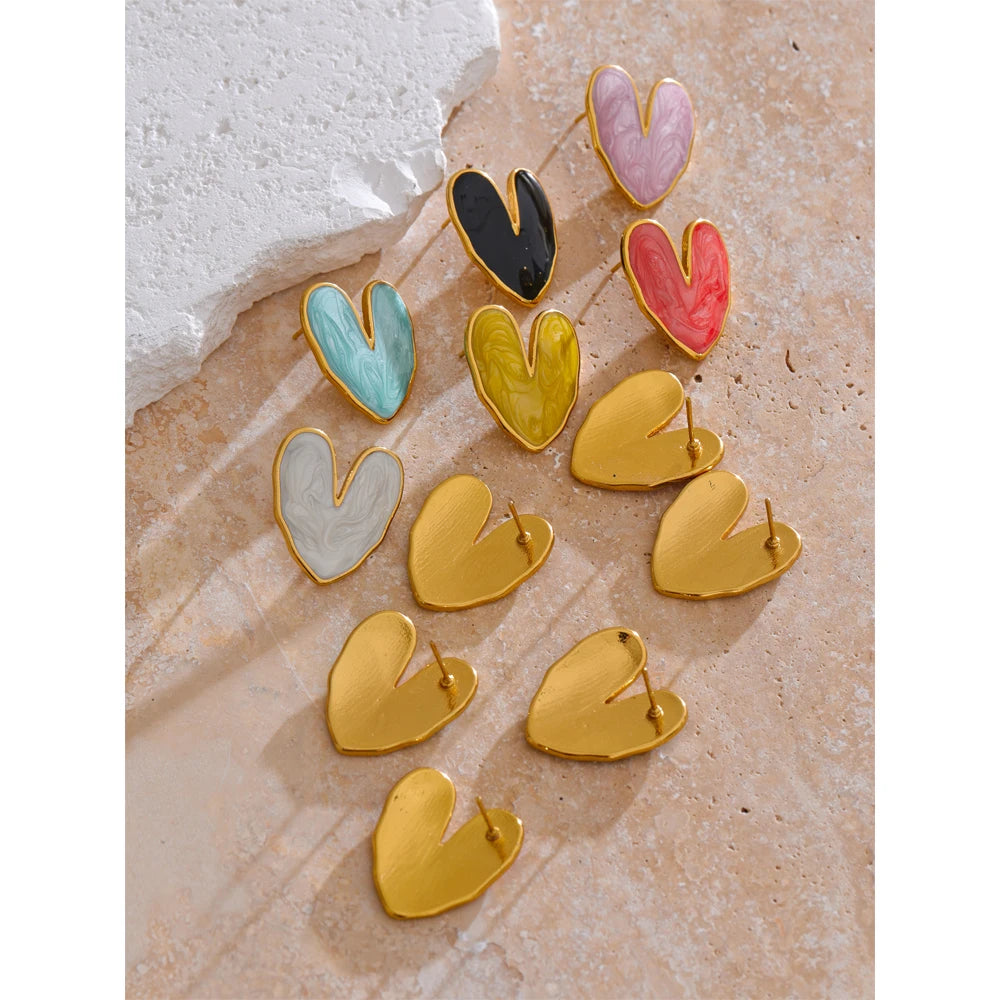 Yhpup Sweet Enamel 3-colors Heart Spring Summer Love Stud Earrings Waterproof Stainless Steel Fashion Y2K Daily Jewelry 2024