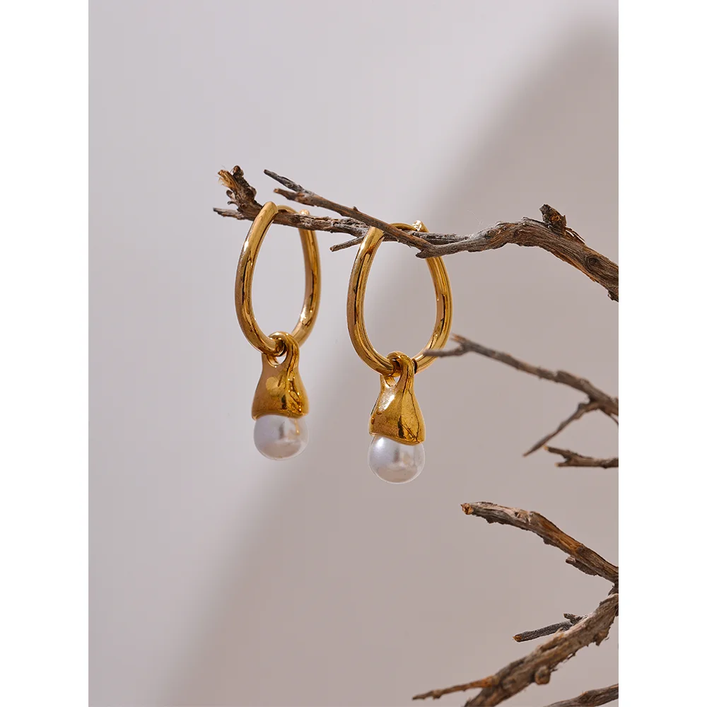 Yhpup Removable Stainless Steel Geometric Imitation Pearls Drop Hoop Earrings Gold Color Fashion Elegant Daily Jewelry for Women