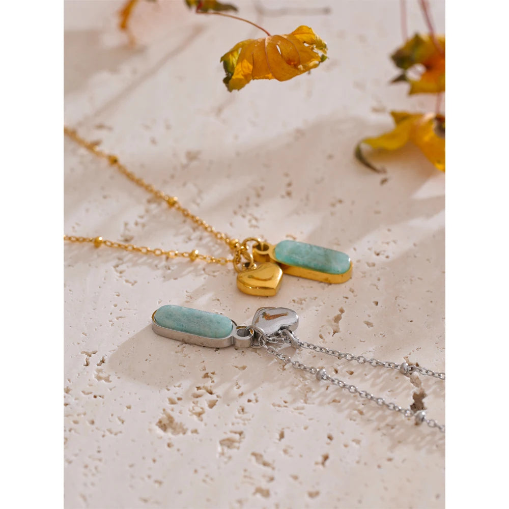 Yhpup Popular Natural Amazonite Stone Heart Oval Drop Necklace Women Stainless Steel Polished Waterproof Fashion Jewelry Gift