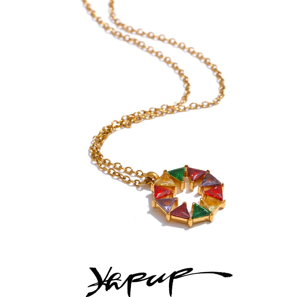 Yhpup Colorful Bling Cubic Zirconia Round Shape Rainbow Chic Necklace Pendant 18K Gold Color Fashion Waterproof Jewelry Gift