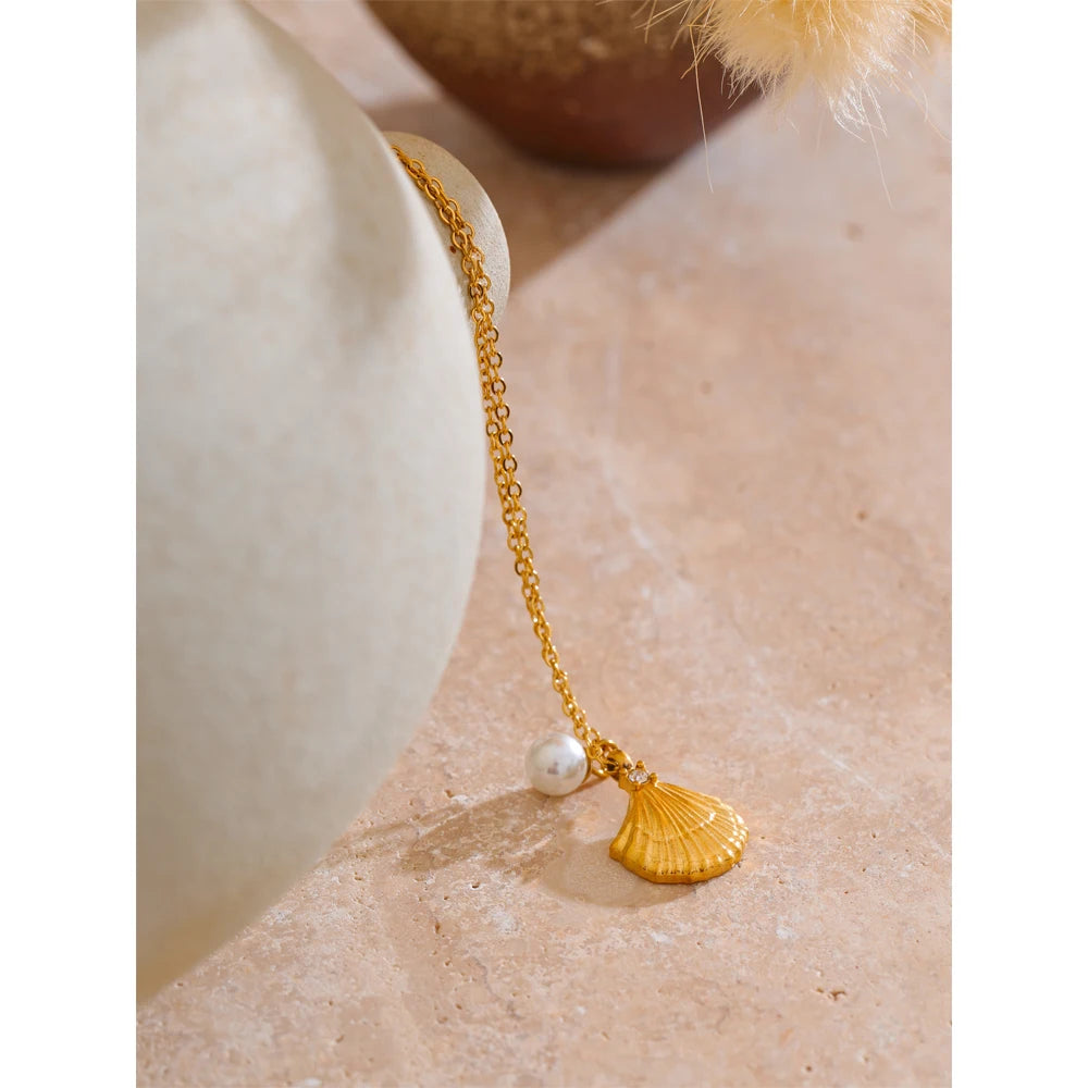 Yhpup Ocean Style Stainless Steel Metal Shell Collar Necklace 18K Gold Color Plated Pendant Stylish Jewelry Trendy