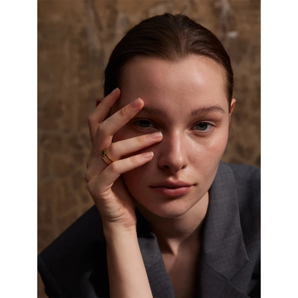 Yhpup Stainless Steel Double Layer Hollow Green Cubic Zirconia Fashion Ring Exquisite Rust Proof 18K Gold Color Finger Jewelry