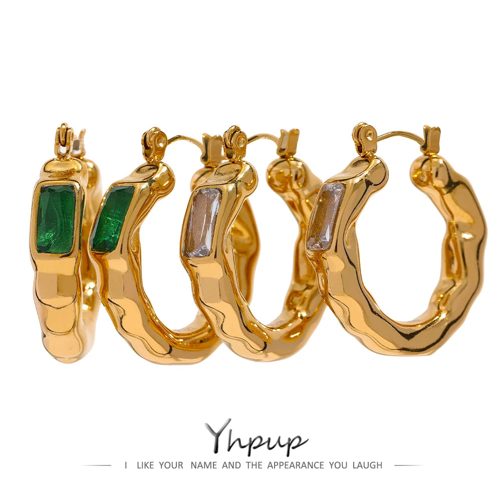Yhpup Stainless Steel Cubic Zirconia Green CZ Textured Metal Hoop Earrings Jewelri for Woman Korean Temperament ZA Earring