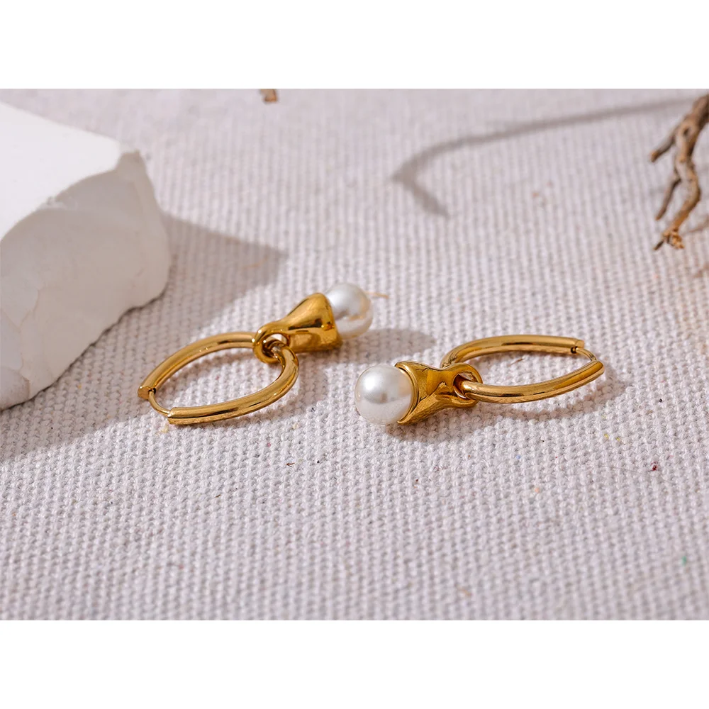 Yhpup Removable Stainless Steel Geometric Imitation Pearls Drop Hoop Earrings Gold Color Fashion Elegant Daily Jewelry for Women