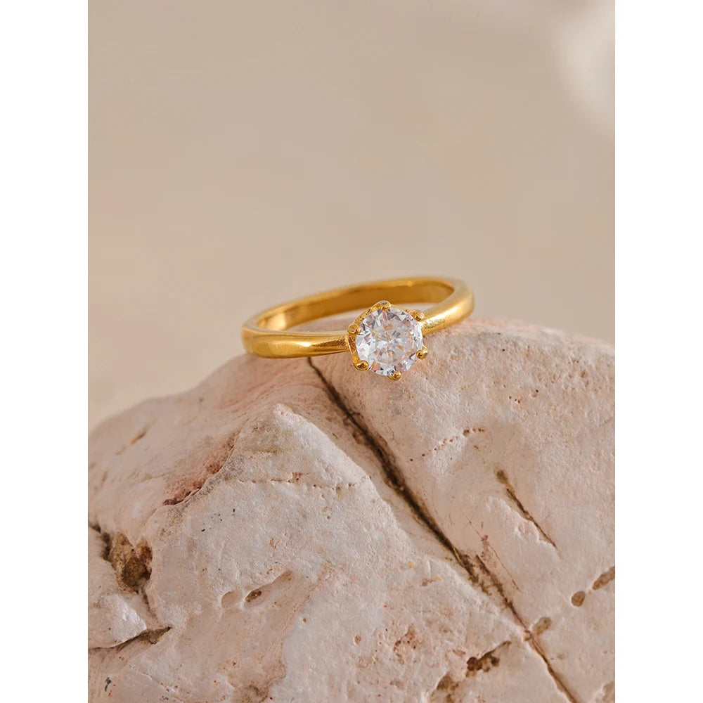 Yhpup AAA Cubic Zirconia Classic Ring High Quality 18k Gold Color Stainless Steel Fashion Charm Jewelry