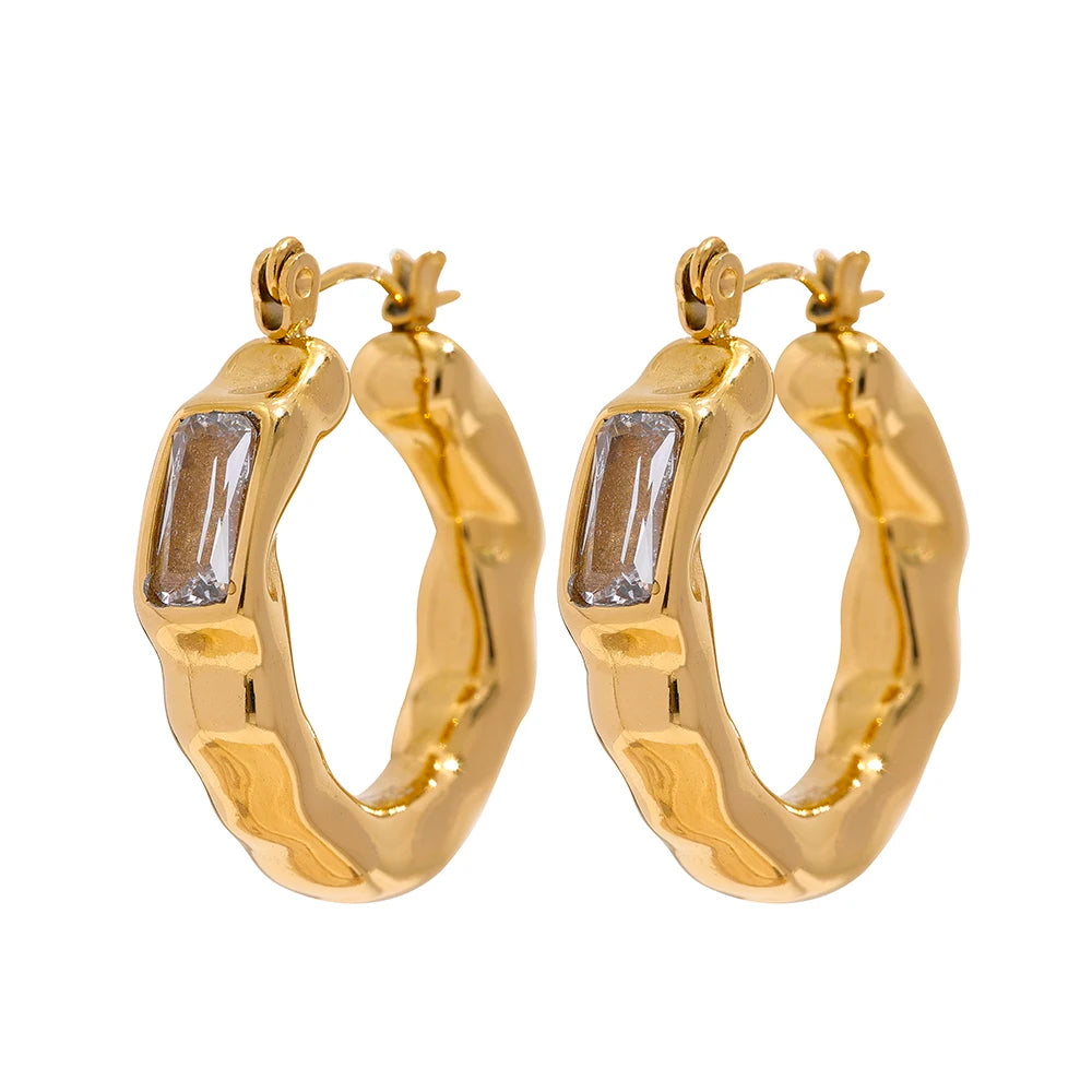 Yhpup Stainless Steel Cubic Zirconia Green CZ Textured Metal Hoop Earrings Jewelri for Woman Korean Temperament ZA Earring