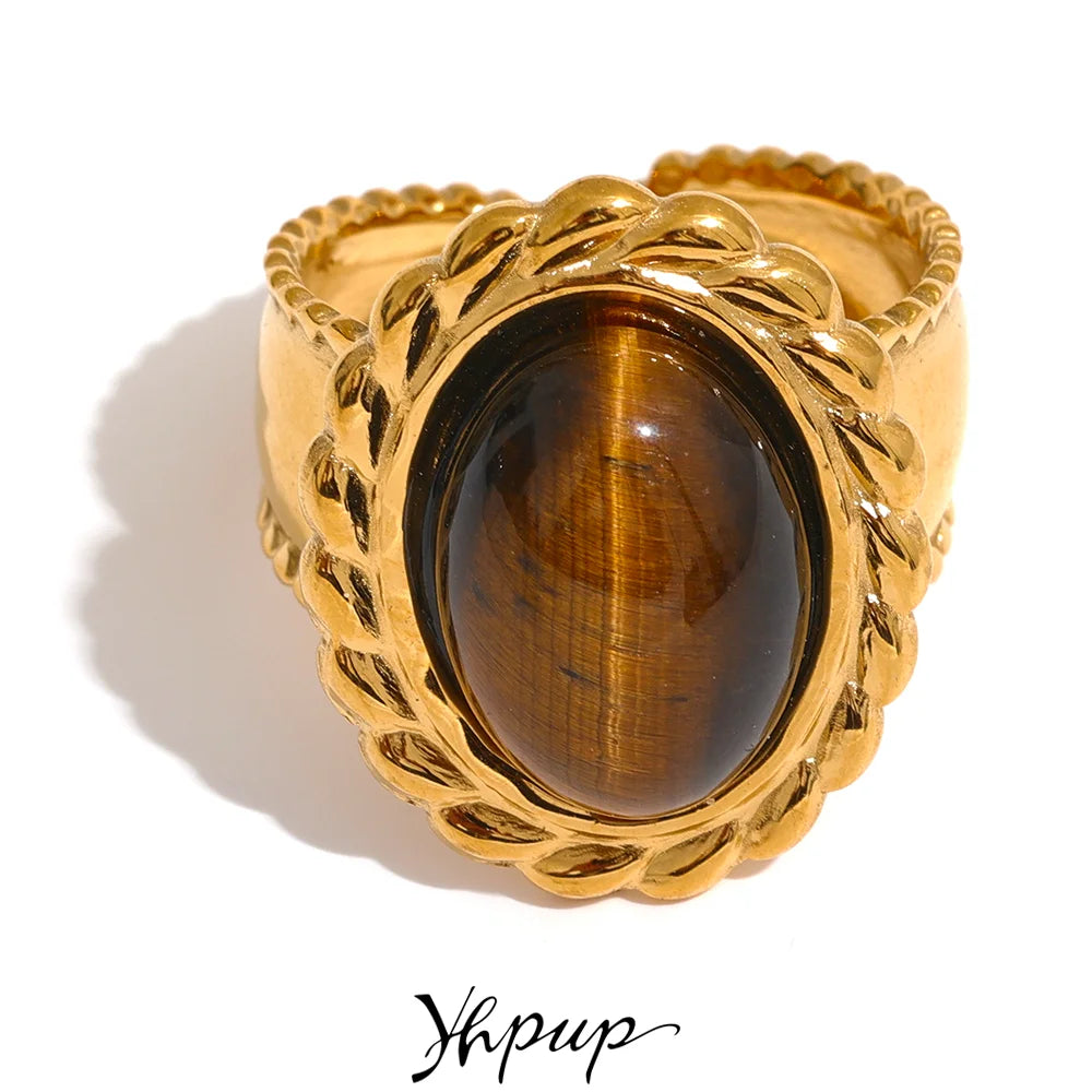 Yhpup Stainless Steel Wide Chunky Ring Inlaid Tiger Natural Stone Jewelry Trend Europe Bijoux Vintage Stylish Statement