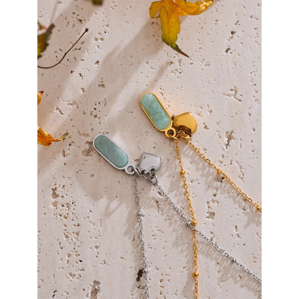 Yhpup Popular Natural Amazonite Stone Heart Oval Drop Necklace Women Stainless Steel Polished Waterproof Fashion Jewelry Gift