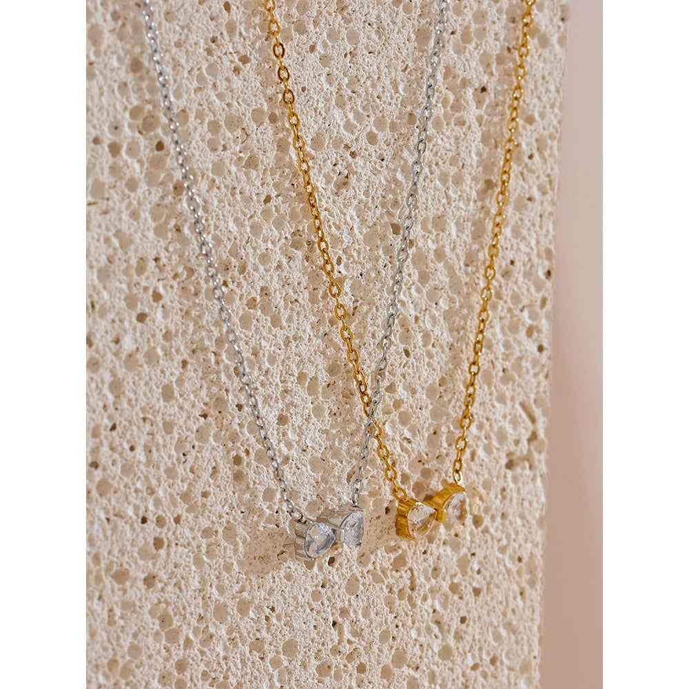 Yhpup Delicate Shiny Cubic Zirconia Bowknot Bow Trendy Necklace 2024 Chic Bling Pendant for Women Premium Waterproof Jewelry