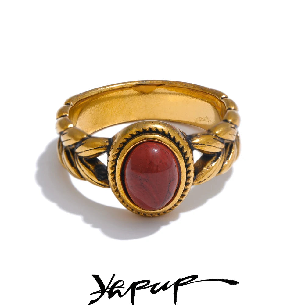 Yhpup Retro Stainless Steel Red Gold Color Smearing Black Natural Stone Ring 18K PVD Plated Rust Proof Vintage Finger Jewelry