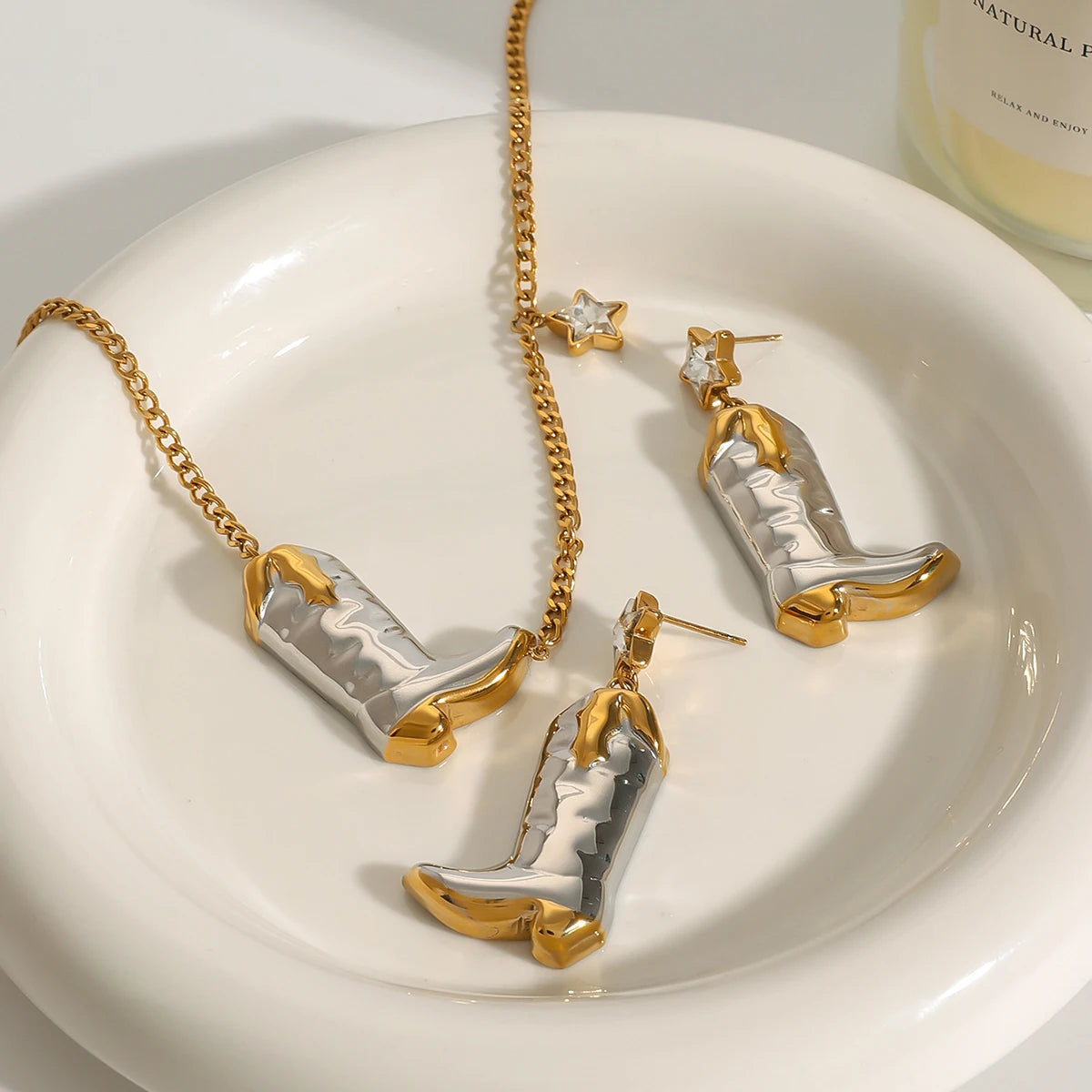 Youthway Exquisite Statement Stainless Steel Gold&Silver White Zircon Star Boots Pendant Necklace Earrings Trendy Lady Jewelry