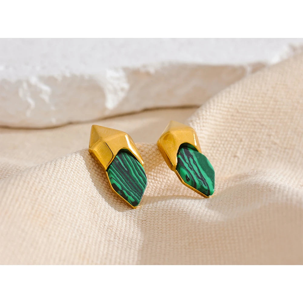 Yhpup 316L Stainless Steel Malachite Stone Geometric Green Stud Earrings High Quality Golden Fashion Jewelry Accessories Gift